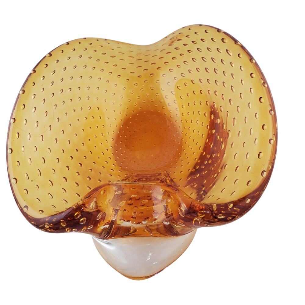 Vintage Murano Folded Edge Art Glass Bowl Ashtray Amber Controlled Bubbles Italy